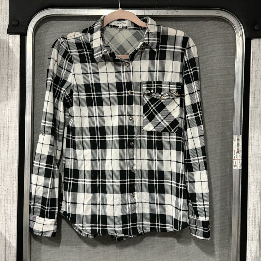 Plaid Black and White Button Down with Jewels all in tact